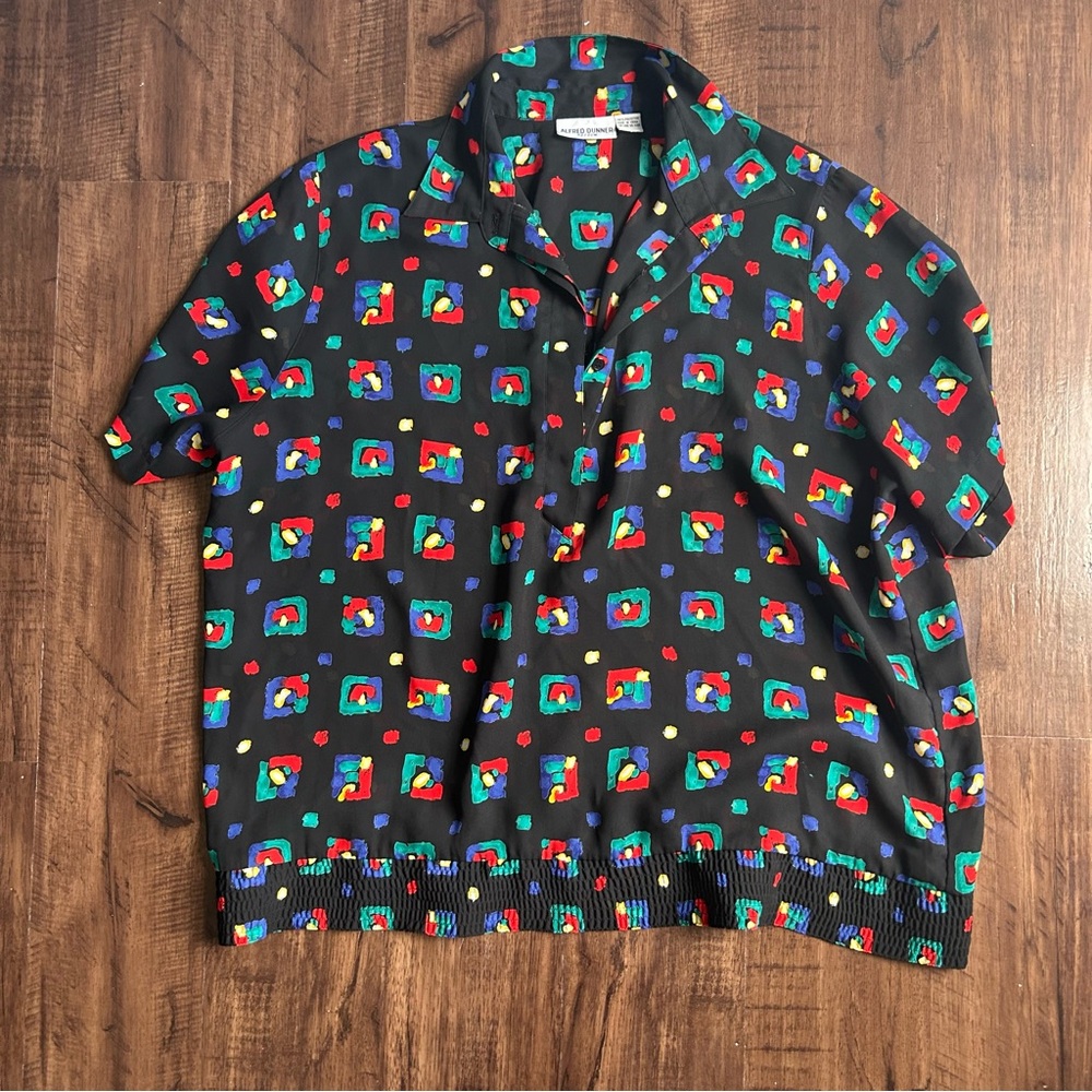 Alfred Dunner Black Top with Vibrant Geometric Patterns